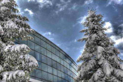 The School of Management Building in Winter at Binghamton University, State University of New York